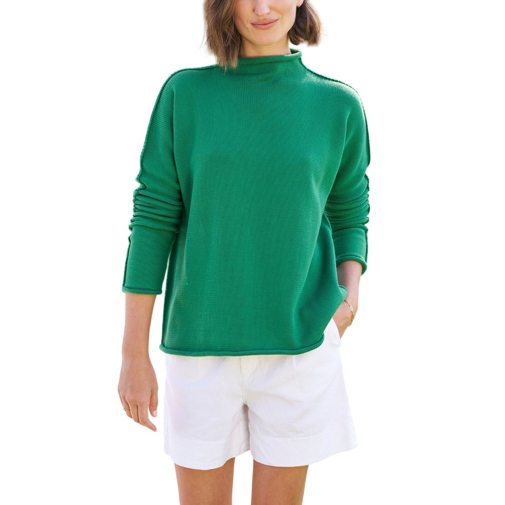 Frank & Eileen Monterey Kelly Green Rolled Funnel Neck Sweater XL Italian Cotton